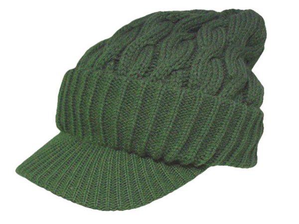 画像1: つば付き縄編みキャップニット帽 カーキ　緑 (1)