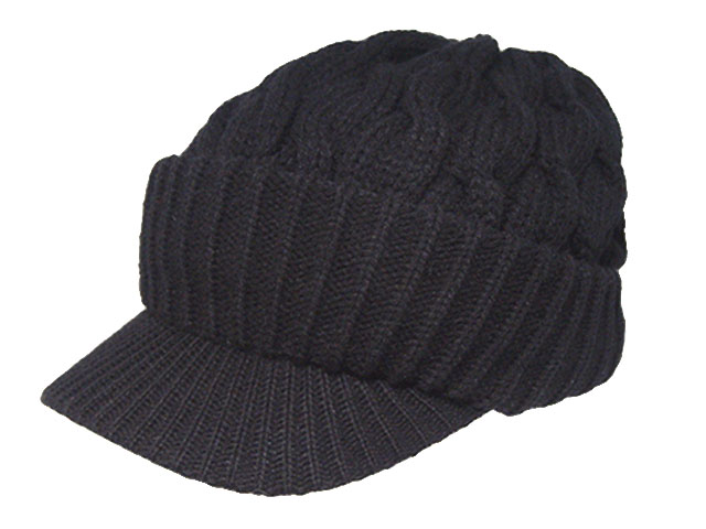 つば付き縄編みキャップニット帽 ブラック　黒