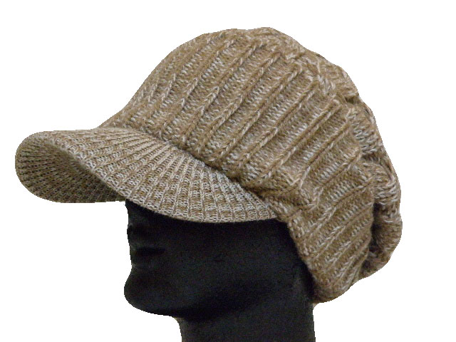 つば付き縄編みキャップニット帽　ベージュ系　ミックス