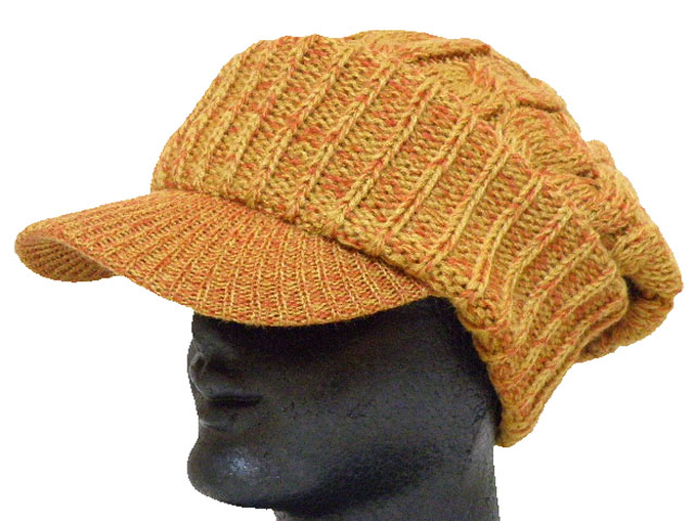 つば付き縄編みキャップニット帽　オレンジ系　ミックス