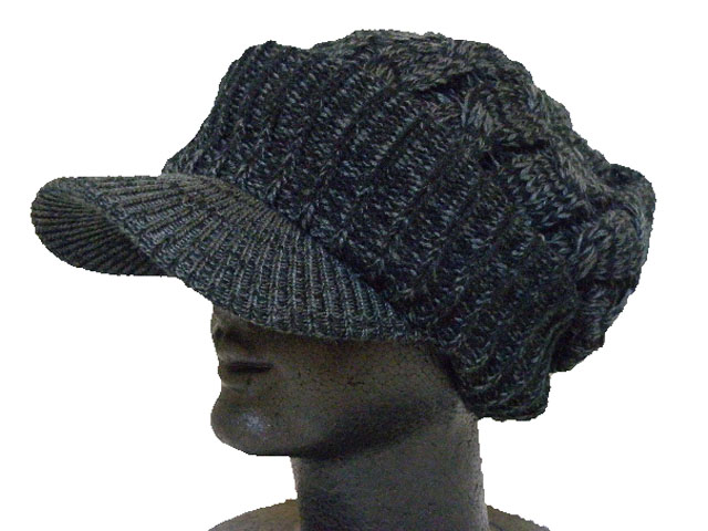 つば付き縄編みキャップニット帽　ブラック系　ミックス